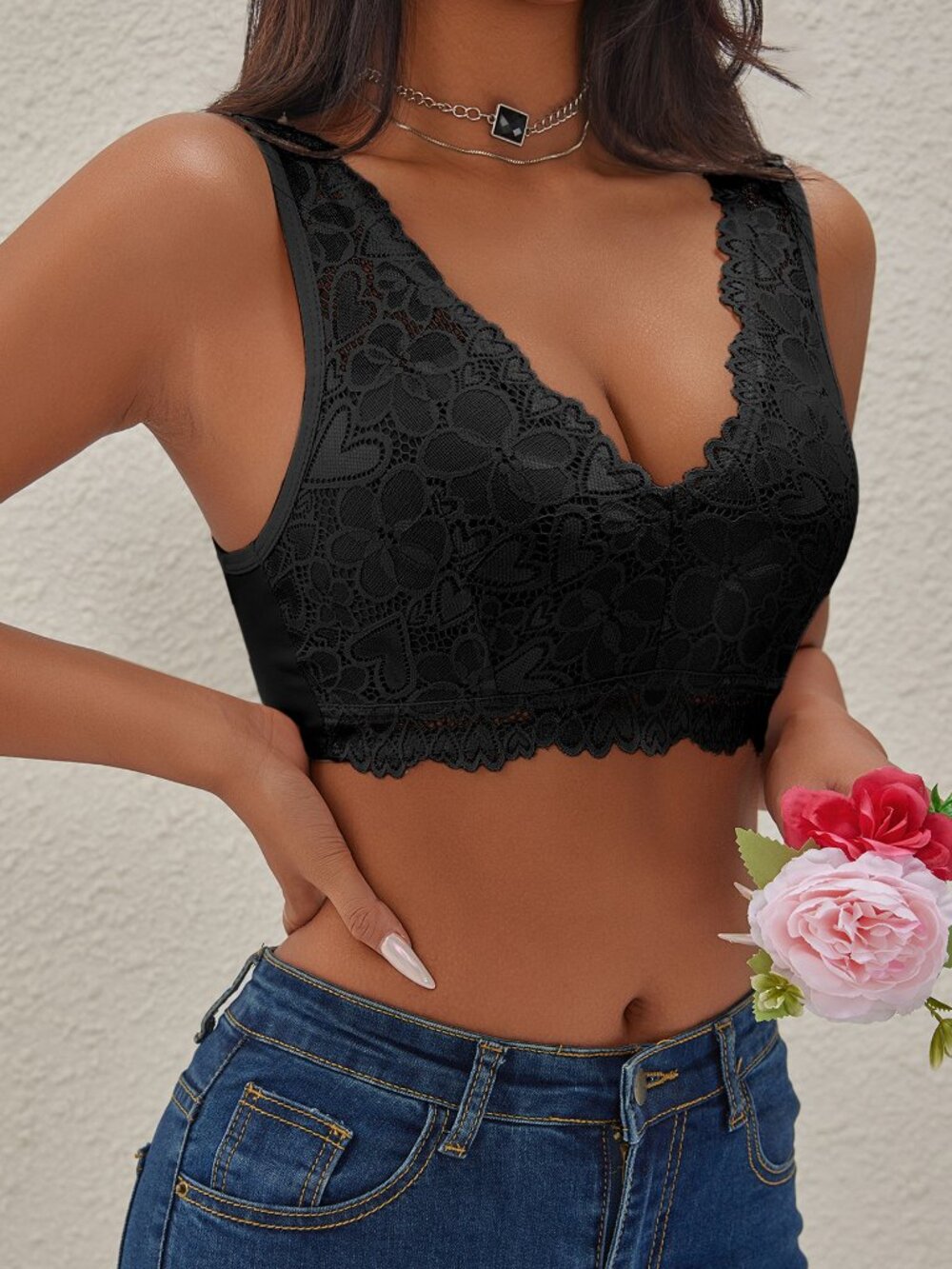 Unbranded Black Floral Lace Bra‎ No Wire Adjustable Strap NEW Plus Sz XXL
